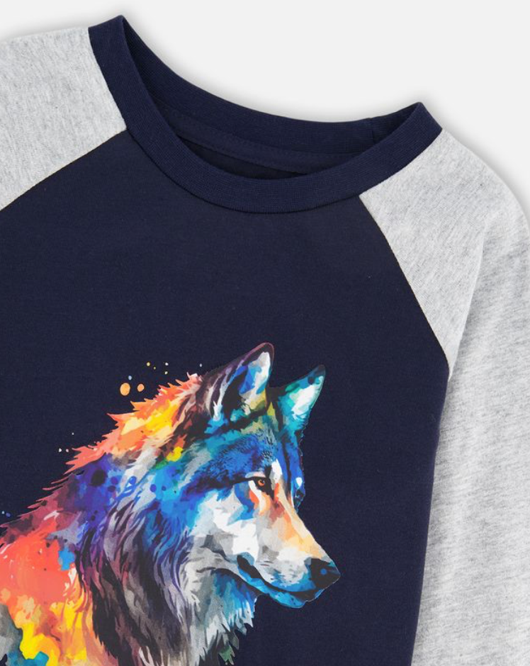 Deux Par Deux Wolf Print Tee Navy