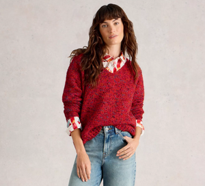White Stuff UK Textured V Neck Sweater Mid Red