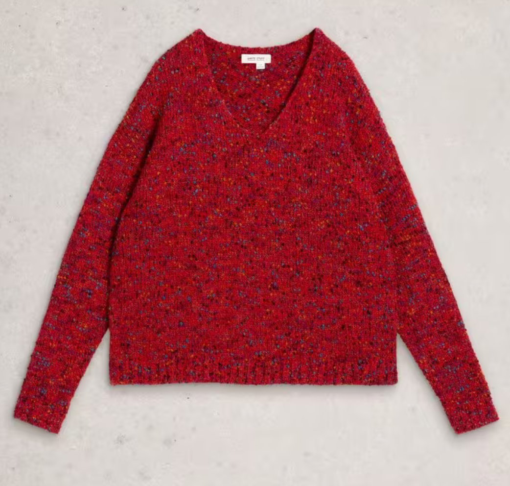 White Stuff UK Textured V Neck Sweater Mid Red
