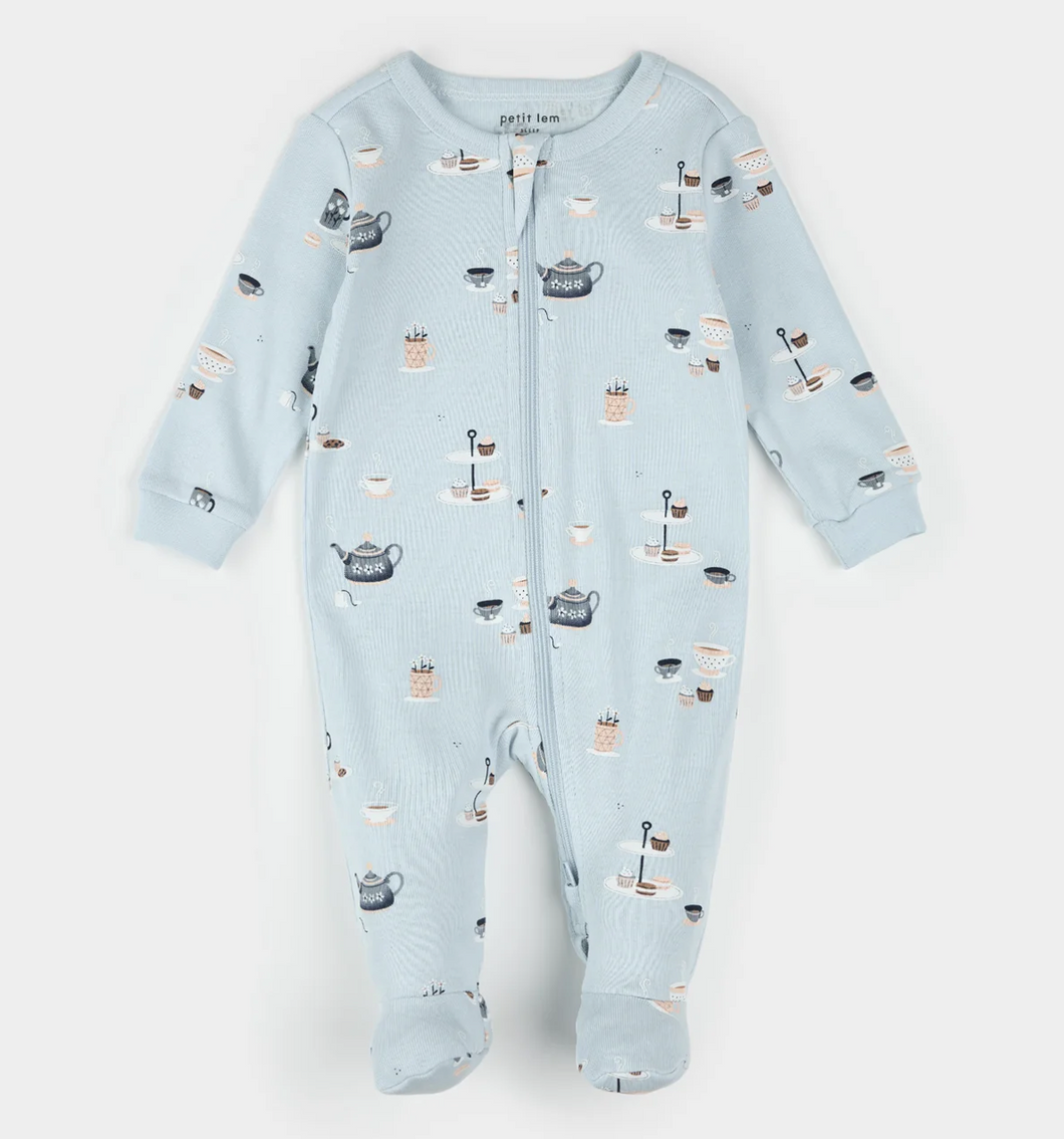 Petit Lem Tea Party Print Sleeper Sky Blue