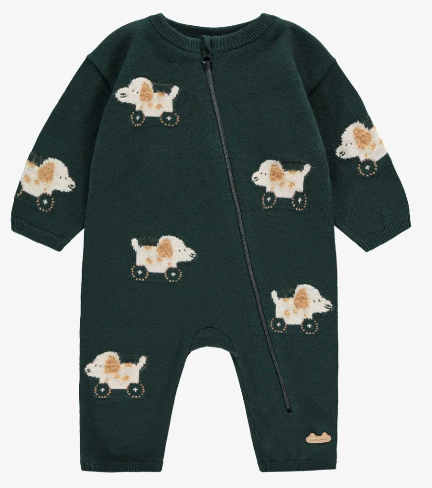 Souris Mini Knit Dog Print Knit Playsuit Green