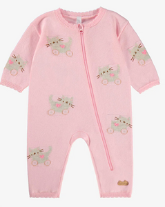 Souris Mini Cat Print Knit Playsuit Pink