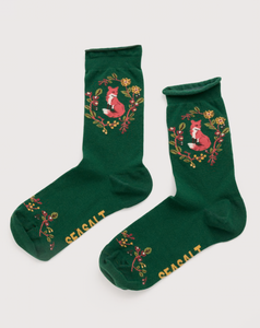 Seasalt Womens Arty Socks Fox Wreath Evergreen