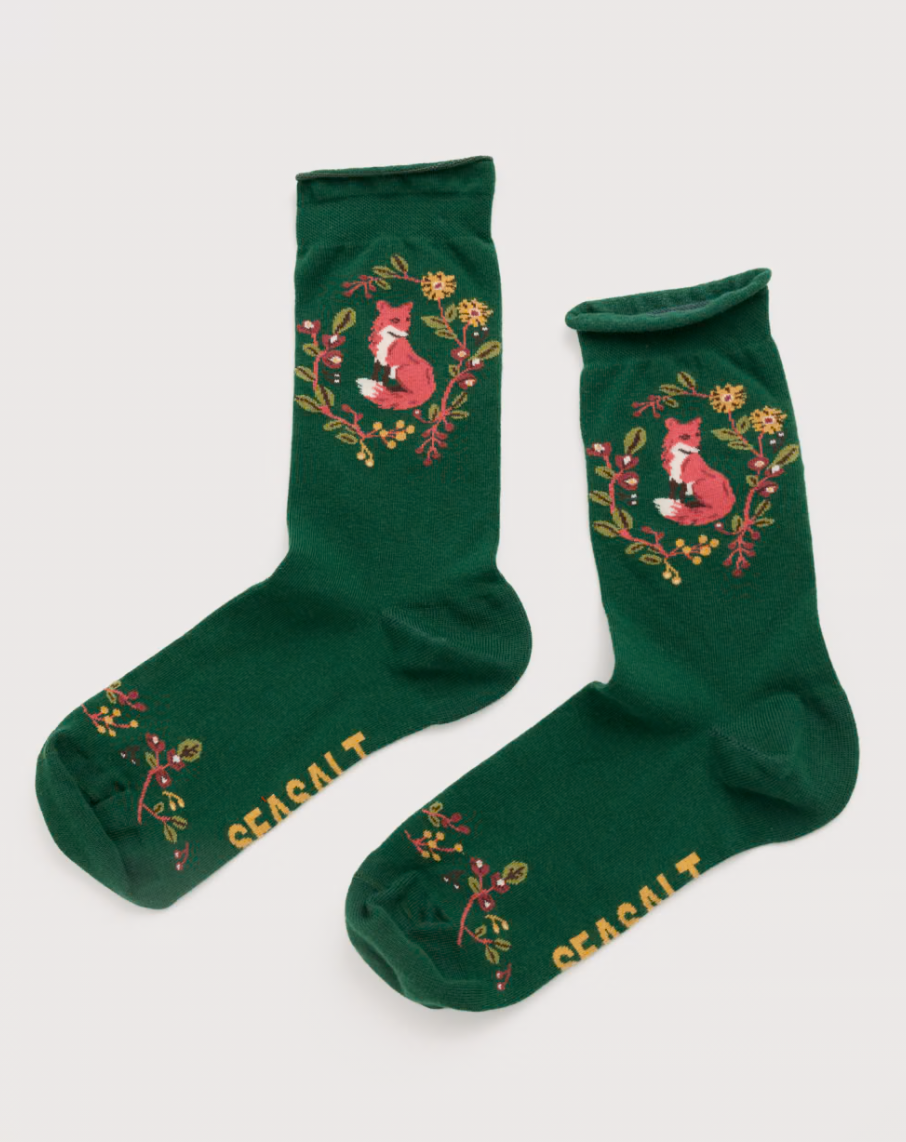 Seasalt Womens Arty Socks Fox Wreath Evergreen