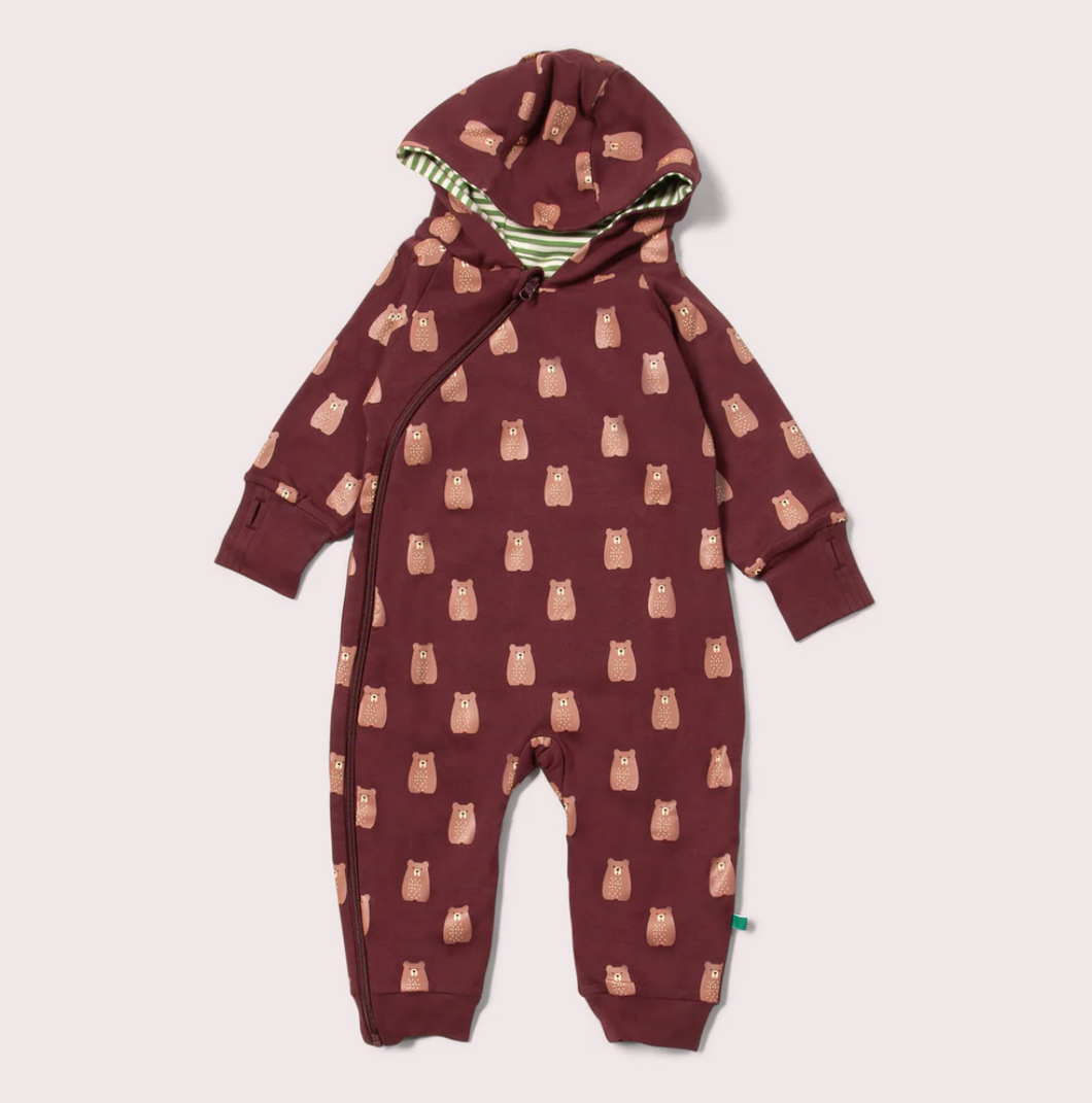 Little Green Radicals Brown Bear Hooded Snug Playsuit