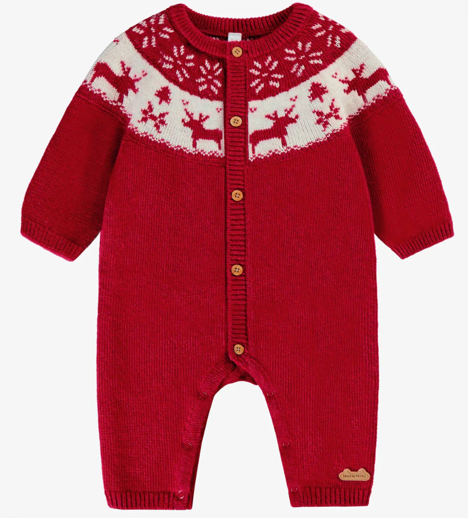 Souris Mini Wool Blend Sweater Knit Jacquard Playsuit Red
