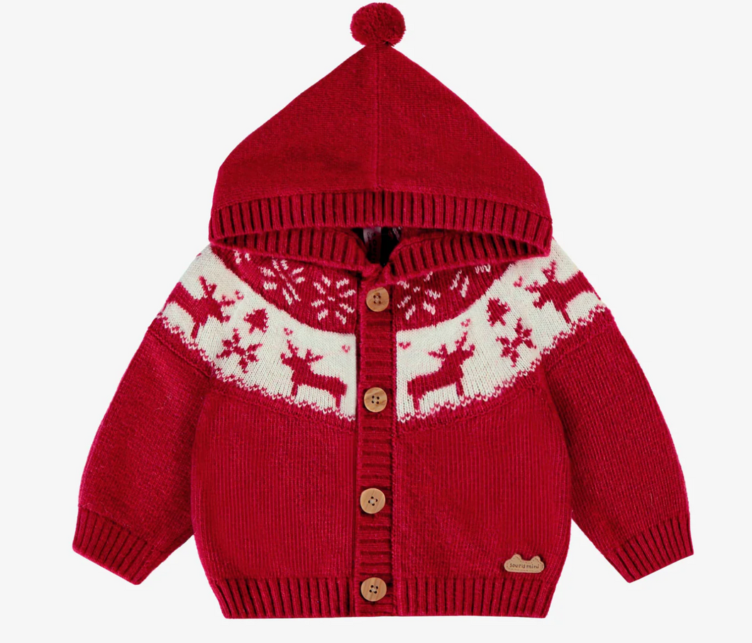 Souris Mini Wool Blend Jacquard Hooded Cardigan and Pant Red