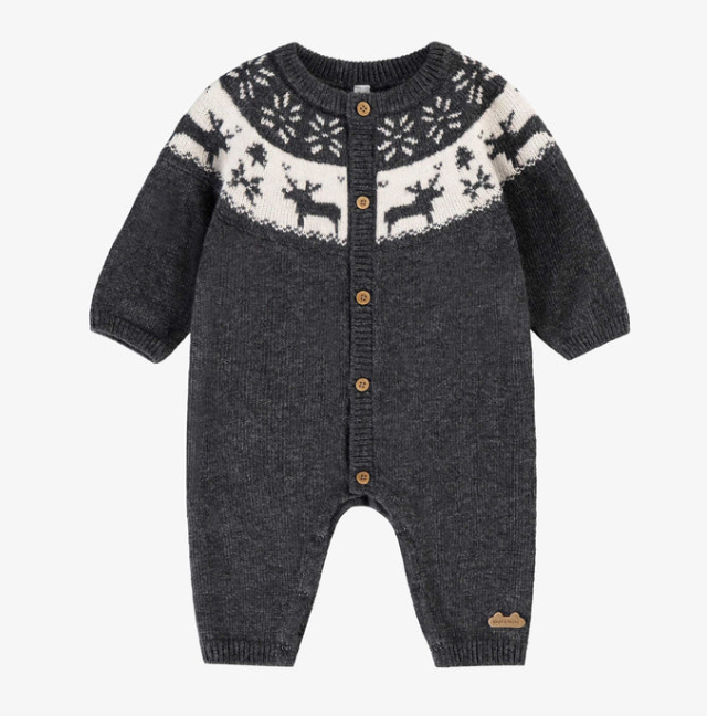 Souris Mini Wool Blend Sweater Knit Jacquard Playsuit Grey