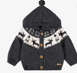 Souris Mini Wool Blend Jacquard Hooded Cardigan and Pant Grey