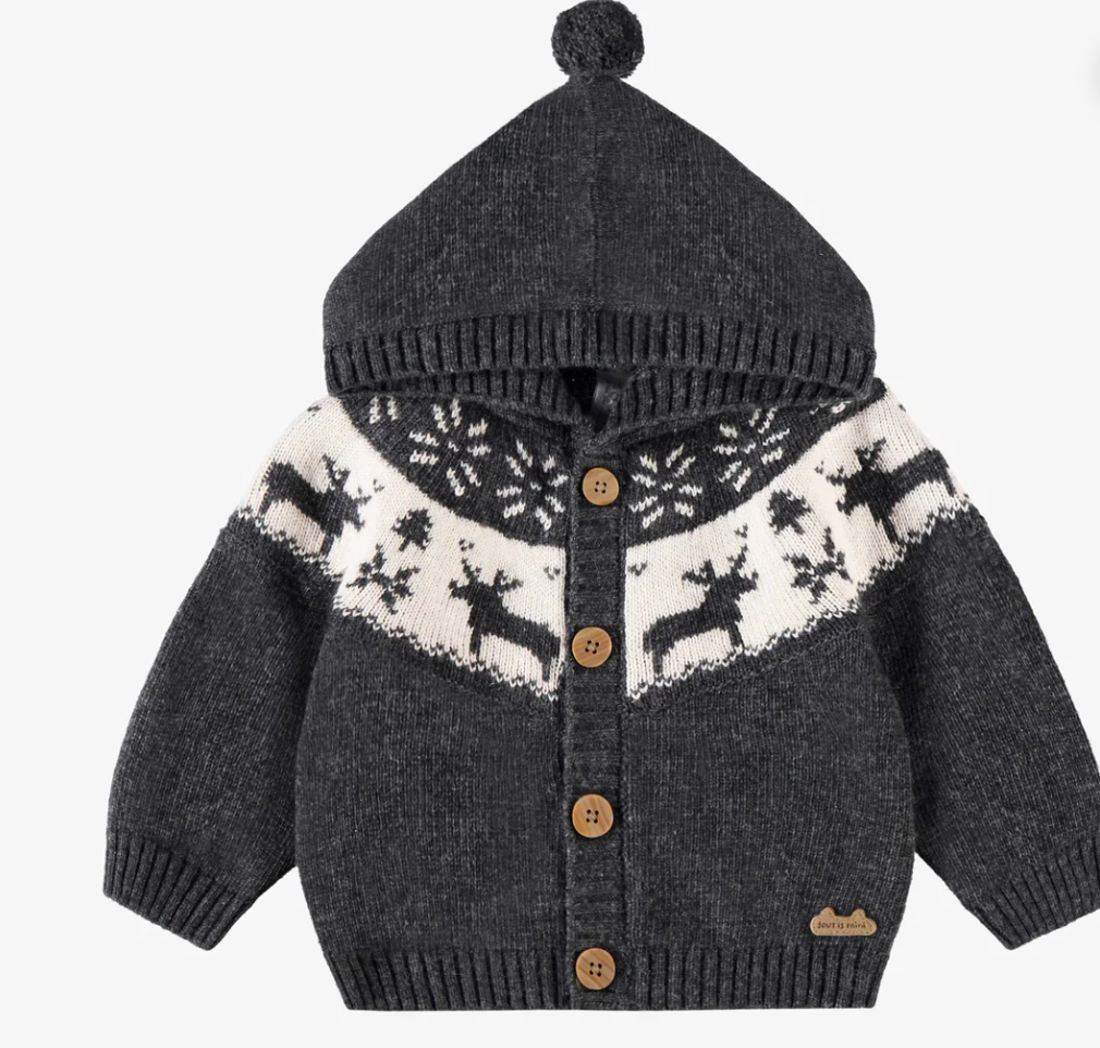 Souris Mini Wool Blend Jacquard Hooded Cardigan and Pant Grey