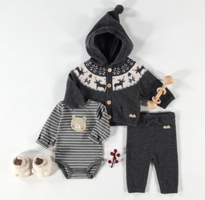 Souris Mini Wool Blend Jacquard Hooded Cardigan and Pant Grey