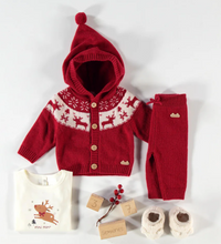 Load image into Gallery viewer, Souris Mini Wool Blend Jacquard Hooded Cardigan and Pant Red
