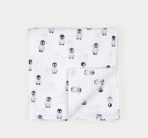 Petit Lem Baby Penguin Print Muslin Swaddling Blanket