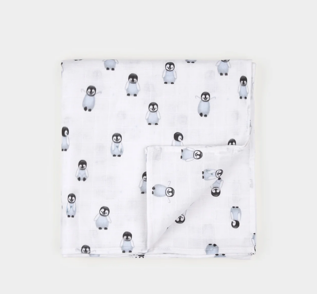 Petit Lem Baby Penguin Print Muslin Swaddling Blanket