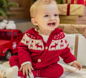 Souris Mini Wool Blend Jacquard Hooded Cardigan and Pant Red