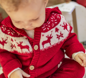 Souris Mini Wool Blend Jacquard Hooded Cardigan and Pant Red