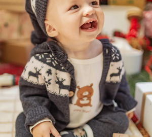 Souris Mini Wool Blend Jacquard Hooded Cardigan and Pant Grey