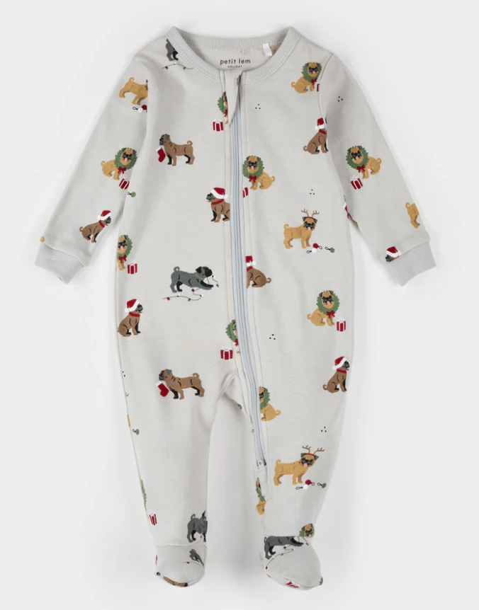 Petit Lem Holiday Pugs Print Sleeper