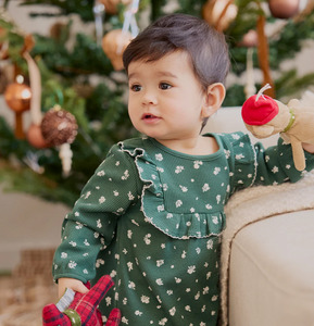 Petit Lem Creme Flower Print Thermal Dress and Tights