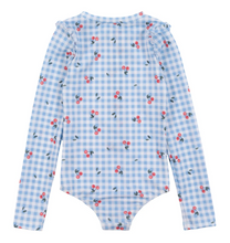Load image into Gallery viewer, Nano Cherry Gingham 1pc Rashguard Swimsuit Light Blue
