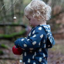 Load image into Gallery viewer, Little Green Radicals Blue Penguins Reversible Hooded Snug Playsuit
