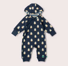 Load image into Gallery viewer, Little Green Radicals Blue Penguins Reversible Hooded Snug Playsuit
