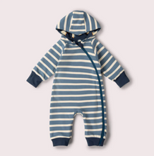 Load image into Gallery viewer, Little Green Radicals Blue Penguins Reversible Hooded Snug Playsuit
