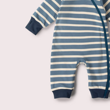 Load image into Gallery viewer, Little Green Radicals Blue Penguins Reversible Hooded Snug Playsuit

