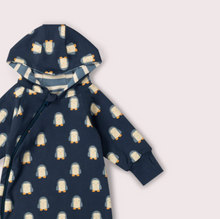 Load image into Gallery viewer, Little Green Radicals Blue Penguins Reversible Hooded Snug Playsuit
