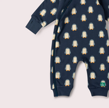 Load image into Gallery viewer, Little Green Radicals Blue Penguins Reversible Hooded Snug Playsuit
