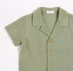 Petit Lem Sage Leaf Crosshatch Linen Blend Shirt and Short Set