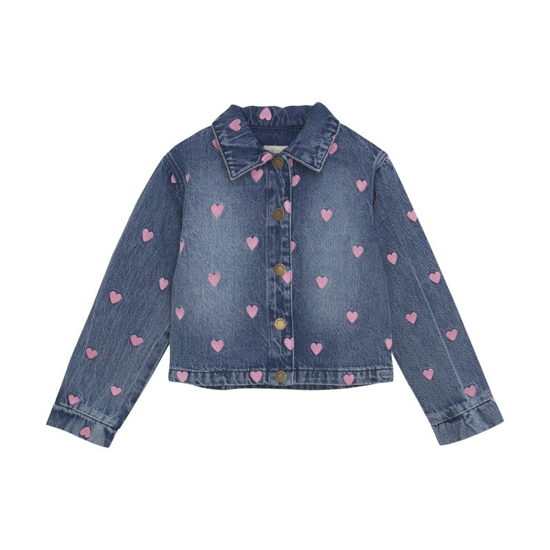 Creamie Heart Embroidered Crop Denim Jacket