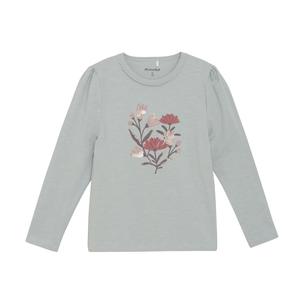 Minymo Flower and Glitter Tee Soft Sage